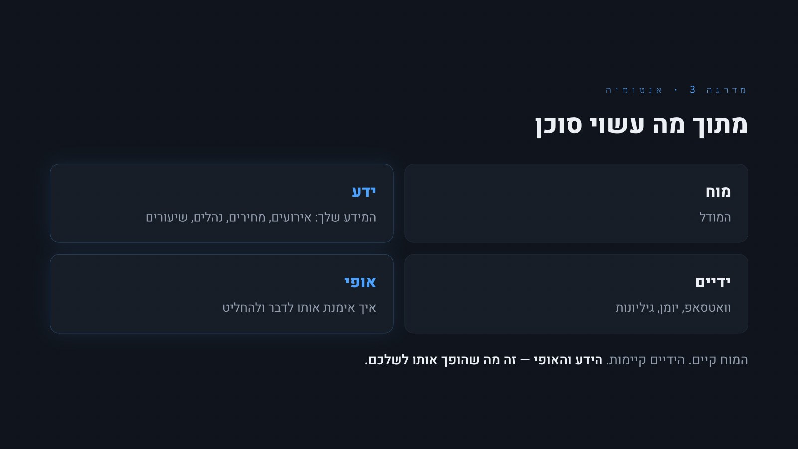 אנטומיה של סוכן: מוח, ידע, ידיים, אופי